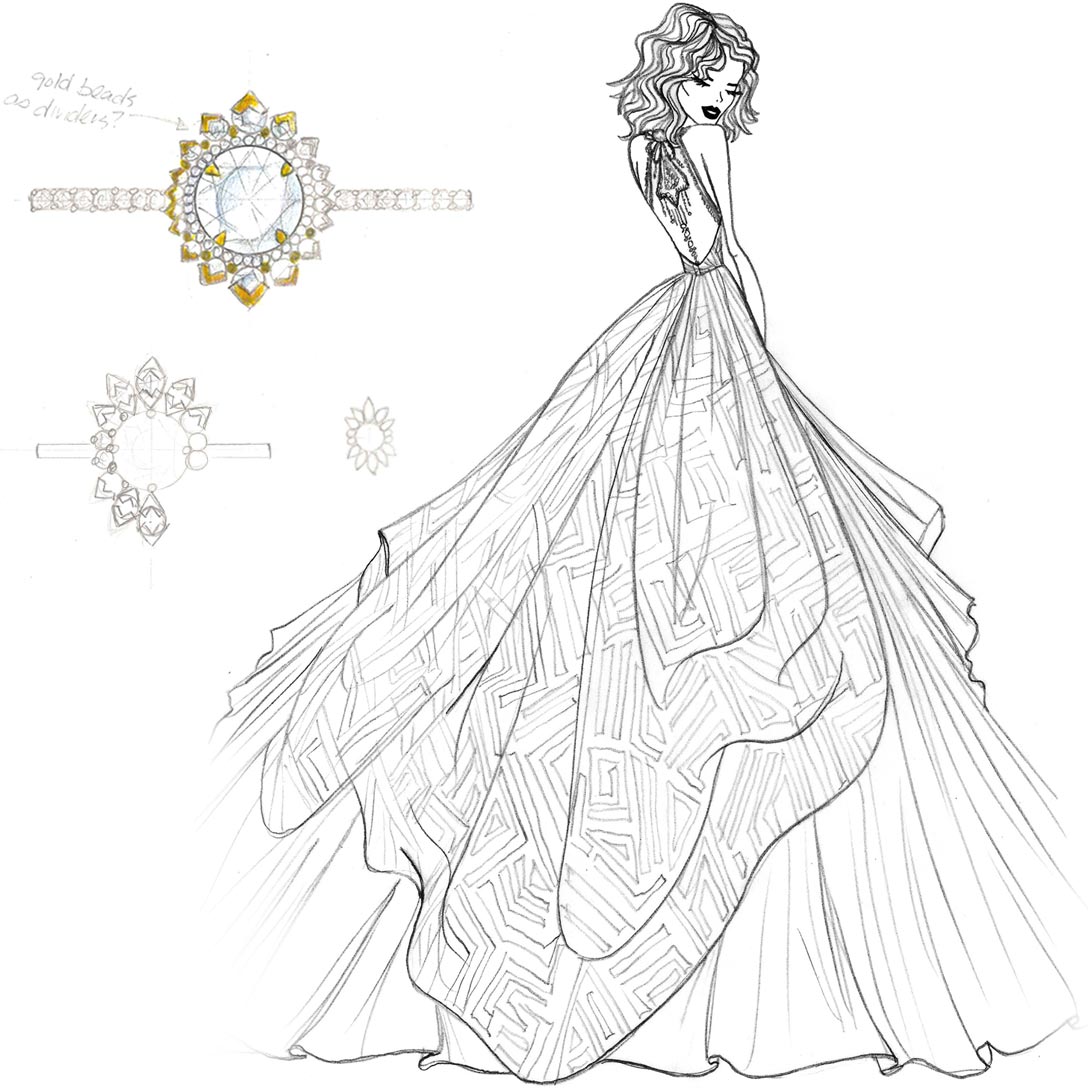 Hayley Paige Behati Dress and Ring Sketch