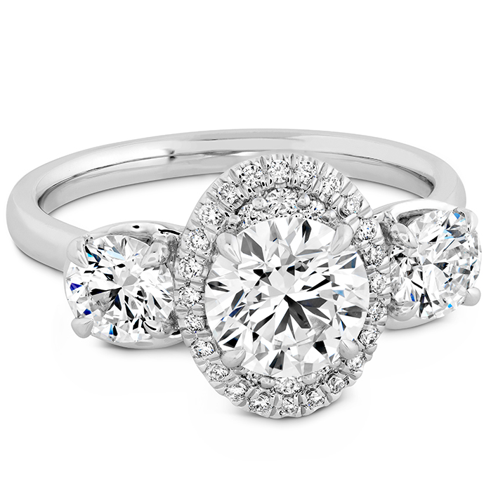 1.12 ctw. Juliette 3 Stone Oval Halo Engagement Ring in Platinum